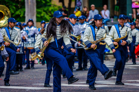 Portland, Oregon, USA - June 10, 2023: Interlake High School Marching Band in the Grand Floral Parade, during Portland Rose Festival 2023.のeditorial素材
