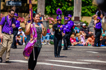 Portland, Oregon, USA - June 10, 2023: Hermiston High School Marching Band in the Grand Floral...