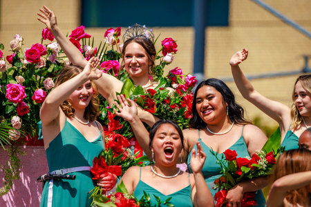 Portland, Oregon, USA - June 10, 2023: Rose Festival Court in the Grand Floral Parade, during...