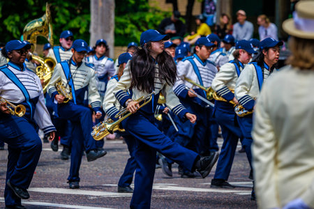 Portland, Oregon, USA - June 10, 2023: Interlake High School Marching Band in the Grand Floral Parade, during Portland Rose Festival 2023.のeditorial素材