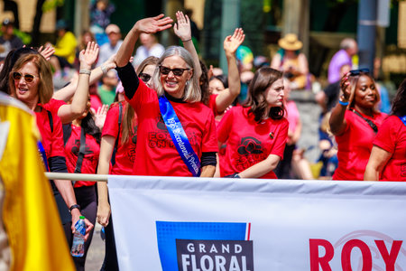 Portland, Oregon, USA - June 10, 2023: "Focus on Fun" in the Grand Floral Parade, during Portland Rose Festival 2023.のeditorial素材