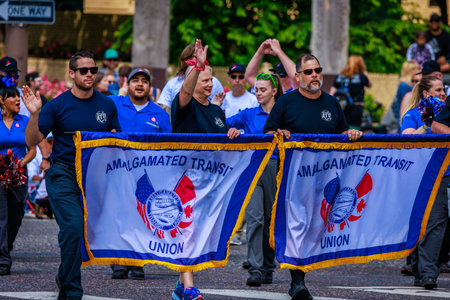 Portland, Oregon, USA - June 10, 2023: Amalgamated Transit Union in the Grand Floral Parade, during Portland Rose Festival 2023.のeditorial素材