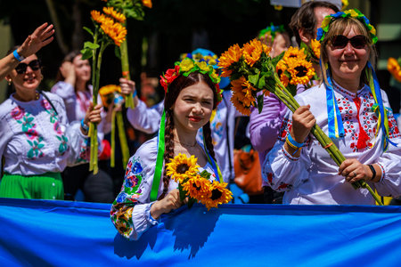 Portland, Oregon, USA - June 10, 2023: Dawn for Ukraine in the Grand Floral Parade, during Portland...