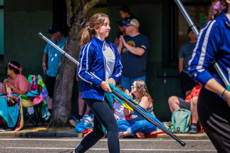 Portland, Oregon, USA - June 10, 2023: Skyview High School Band in the Grand Floral Parade, during Portland Rose Festival 2023.のeditorial素材