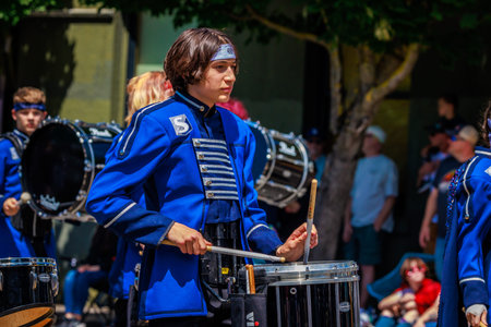 Portland, Oregon, USA - June 10, 2023: Skyview High School Band in the Grand Floral Parade, during...