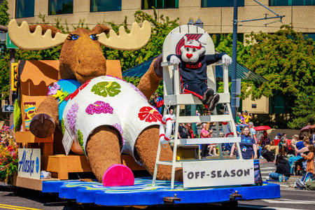 Portland, Oregon, USA - June 10, 2023: Alaska Airlines Float for Portland Trail Balzer in the Grand Floral Parade, during Portland Rose Festival 2023.のeditorial素材