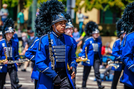 Portland, Oregon, USA - June 10, 2023: Skyview High School Band in the Grand Floral Parade, during Portland Rose Festival 2023.のeditorial素材