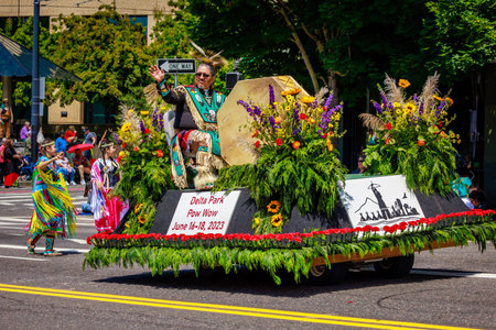 Portland, Oregon, USA - June 10, 2023: Delta Park Pow Wow in the Grand Floral Parade, during Portland Rose Festival 2023.のeditorial素材