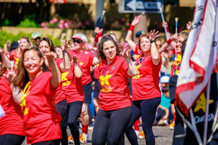 Portland, Oregon, USA - June 10, 2023: One More Time Around Again Marching Band in the Grand Floral Parade, during Portland Rose Festival 2023.のeditorial素材