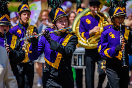 Portland, Oregon, USA - June 10, 2023: Columbia River High School Marching Band in the Grand Floral Parade, during Portland Rose Festival 2023.のeditorial素材