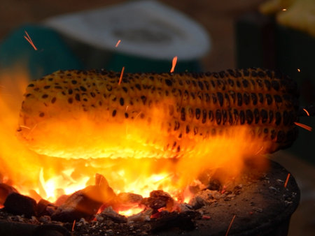corn roasting in charcoal grill, a delicious street food, from Marina Beach, Chennai, India