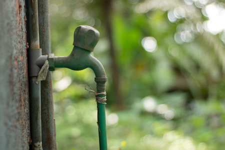 Old green plastic water tap hose connected