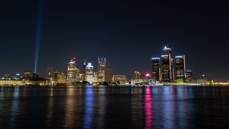 View of Detroit skyline by night from Windsor, Ontarioの写真素材