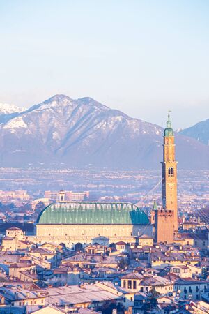 Aerial view of the city of Vicenza in Italy at sunrise in a winter day. The city of Palladio, from the name of the architect who designed most of his works here in the late Renaissance.の写真素材