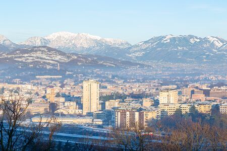 Aerial view of the city of Vicenza in Italy at sunrise in a winter day. The city of Palladio, from the name of the architect who designed most of his works here in the late Renaissance.の写真素材