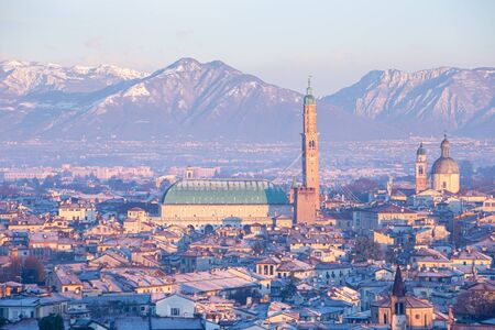 Aerial view of the city of Vicenza in Italy at sunrise in a winter day. The city of Palladio, from the name of the architect who designed most of his works here in the late Renaissance.の写真素材