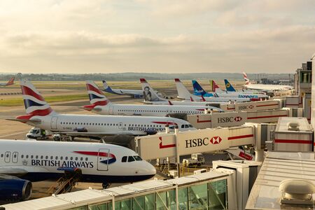 LONDON GATWICK AIRPORT, UK - December 29, 2019: British Airways jet at Gatwick airport with other airliners in the backgroundのeditorial素材