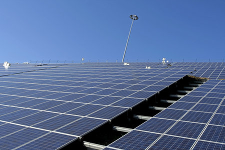 Modern solar voltaic panels with great blue cells with perspective view. Great for energy and...