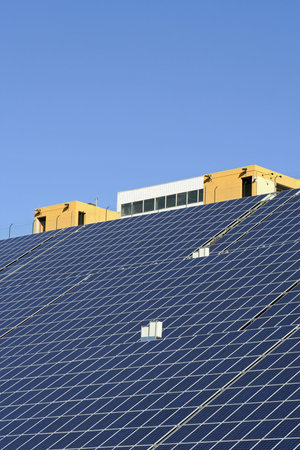 Modern solar voltaic panels with great blue cells with perspective view. Great for energy and...