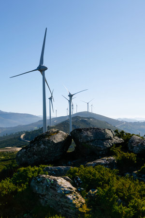 Wind Turbines on a modern windmill farm for alternative energy production.Electricity is powered...