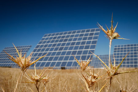 Modern sun energy farm solar panels, for eco and nature renewable production.