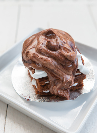 a piece of chocolate cream cakeの写真素材