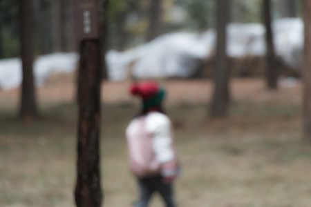 a blurred girl is walking alone in the jungleの写真素材