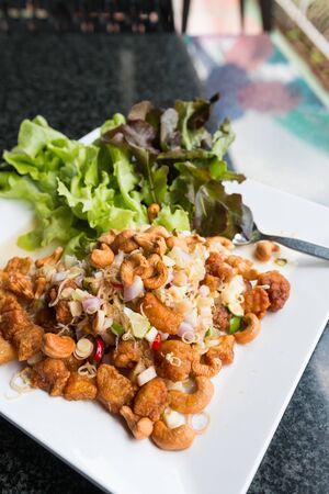 chicken stir fried with cashew nuts serving on a white plate with saladの写真素材