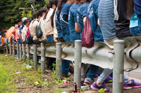 Chiang Mai, Thailand - September 12, 2015: student from Chiang Mai university CMU  waiting to watch boom show in Freshmen Welcoming Ceremony of CMU at Doi suthep temple on September 12, 2015 in Chiang Mai, Thailand.のeditorial素材