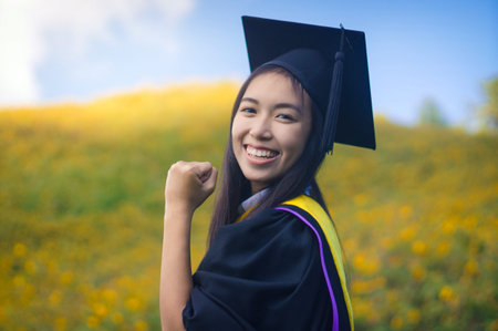 graduate travel happily in Mexican Sunflower field, thailand