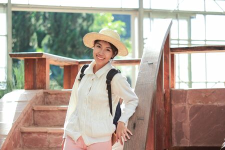 Girl travels happily in botanical garden, Thailandの写真素材