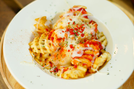 Tasty Cheesy Waffle Fried including potato , cheese, mayonnaise and tomato source
