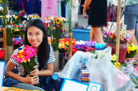 colorful artificial flowers made of cocoon in Thailand