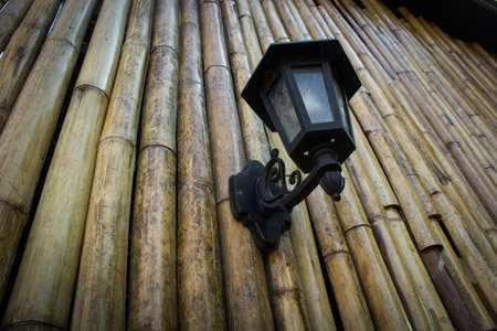 lantern decorate on bamboo wallの写真素材