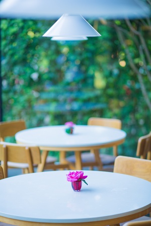 Lovely cafe with rose on the white tableの写真素材