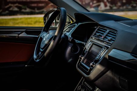 MOSCOW, RUSSIA - SEPTEMBER 22, 2017 VOLKSWAGEN TIGUAN compact 4motion crossover car SUV manufactured by Volkswagen, interior view. Test of new car - Volkswagen Tiguan. Second generation Volkswagen Tiguan. 2.0 TSI Engine. AWDのeditorial素材