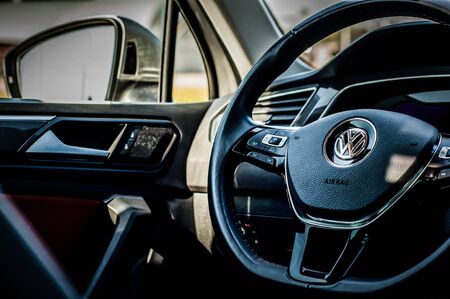 MOSCOW, RUSSIA - SEPTEMBER 22, 2017 VOLKSWAGEN TIGUAN compact 4motion crossover car SUV manufactured by Volkswagen, interior view. Test of new car - Volkswagen Tiguan. Second generation Volkswagen Tiguan. 2.0 TSI Engine. AWDのeditorial素材
