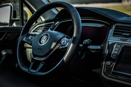 MOSCOW, RUSSIA - SEPTEMBER 22, 2017 VOLKSWAGEN TIGUAN compact 4motion crossover car SUV manufactured by Volkswagen, interior view. Test of new car - Volkswagen Tiguan. Second generation Volkswagen Tiguan. 2.0 TSI Engine. AWDのeditorial素材
