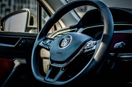 MOSCOW, RUSSIA - SEPTEMBER 22, 2017 VOLKSWAGEN TIGUAN compact 4motion crossover car SUV manufactured by Volkswagen, interior view. Test of new car - Volkswagen Tiguan. Second generation Volkswagen Tiguan. 2.0 TSI Engine. AWDのeditorial素材