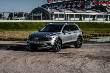 MOSCOW, RUSSIA - SEPTEMBER 22, 2017 VOLKSWAGEN TIGUAN compact 4motion crossover car SUV manufactured by Volkswagen, front-side view. Test of new car - Volkswagen Tiguan. Second generation Volkswagen Tiguan. 2.0 TSI Engine. AWDのeditorial素材