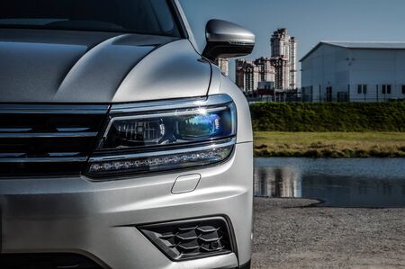 MOSCOW, RUSSIA - SEPTEMBER 22, 2017 VOLKSWAGEN TIGUAN compact 4motion crossover car SUV manufactured by Volkswagen, front-side view. Test of new car - Volkswagen Tiguan. Second generation Volkswagen Tiguan. 2.0 TSI Engine. AWDのeditorial素材