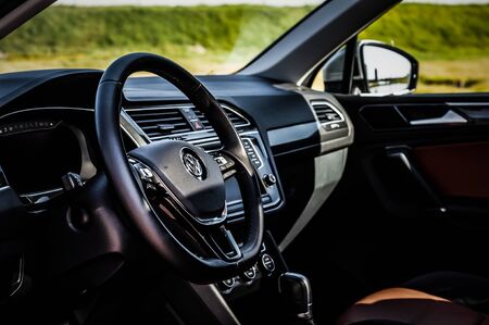 MOSCOW, RUSSIA - SEPTEMBER 22, 2017 VOLKSWAGEN TIGUAN compact 4motion crossover car SUV manufactured by Volkswagen, interior view. Test of new car - Volkswagen Tiguan. Second generation Volkswagen Tiguan. 2.0 TSI Engine. AWDのeditorial素材