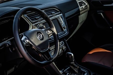 MOSCOW, RUSSIA - SEPTEMBER 22, 2017 VOLKSWAGEN TIGUAN compact 4motion crossover car SUV manufactured by Volkswagen, interior view. Test of new car - Volkswagen Tiguan. Second generation Volkswagen Tiguan. 2.0 TSI Engine. AWDのeditorial素材
