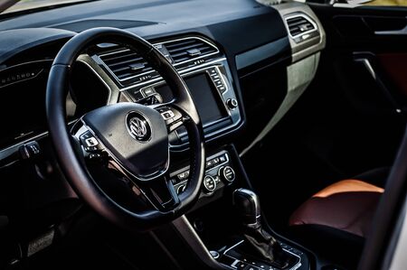 MOSCOW, RUSSIA - SEPTEMBER 22, 2017 VOLKSWAGEN TIGUAN compact 4motion crossover car SUV manufactured by Volkswagen, interior view. Test of new car - Volkswagen Tiguan. Second generation Volkswagen Tiguan. 2.0 TSI Engine. AWDのeditorial素材
