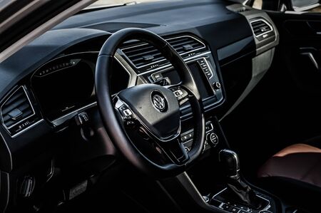 MOSCOW, RUSSIA - SEPTEMBER 22, 2017 VOLKSWAGEN TIGUAN compact 4motion crossover car SUV manufactured by Volkswagen, interior view. Test of new car - Volkswagen Tiguan. Second generation Volkswagen Tiguan. 2.0 TSI Engine. AWDのeditorial素材