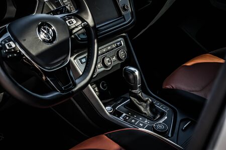 MOSCOW, RUSSIA - SEPTEMBER 22, 2017 VOLKSWAGEN TIGUAN compact 4motion crossover car SUV manufactured by Volkswagen, interior view. Test of new car - Volkswagen Tiguan. Second generation Volkswagen Tiguan. 2.0 TSI Engine. AWDのeditorial素材