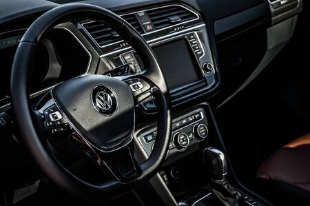 MOSCOW, RUSSIA - SEPTEMBER 22, 2017 VOLKSWAGEN TIGUAN compact 4motion crossover car SUV manufactured by Volkswagen, interior view. Test of new car - Volkswagen Tiguan. Second generation Volkswagen Tiguan. 2.0 TSI Engine. AWDのeditorial素材