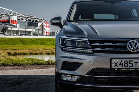 MOSCOW, RUSSIA - SEPTEMBER 22, 2017 VOLKSWAGEN TIGUAN compact 4motion crossover car SUV manufactured by Volkswagen, front-side view. Test of new car - Volkswagen Tiguan. Second generation Volkswagen Tiguan. 2.0 TSI Engine. AWDのeditorial素材