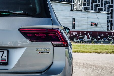 MOSCOW, RUSSIA - SEPTEMBER 22, 2017 VOLKSWAGEN TIGUAN compact 4motion crossover car SUV manufactured by Volkswagen, front-side view. Test of new car - Volkswagen Tiguan. Second generation Volkswagen Tiguan. 2.0 TSI Engine. AWDのeditorial素材