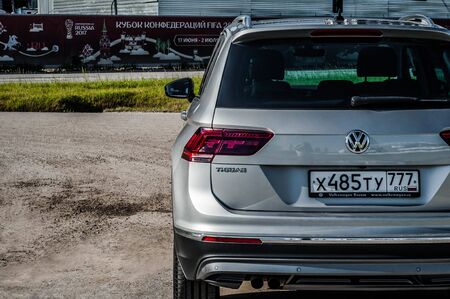 MOSCOW, RUSSIA - SEPTEMBER 22, 2017 VOLKSWAGEN TIGUAN compact 4motion crossover car SUV manufactured by Volkswagen, front-side view. Test of new car - Volkswagen Tiguan. Second generation Volkswagen Tiguan. 2.0 TSI Engine. AWDのeditorial素材